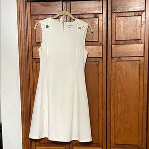 Calvin Klein Elegant White Sleeveless Dress Gold Detail | Sz. 8